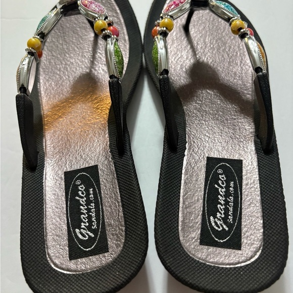 Multicolor Faux Stone Embellished Sandals with Thong Strap. Versatile sandal. - Picture 5 of 12